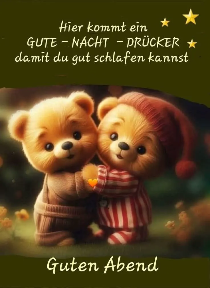 Zwei süße Teddybären, einer mit Mütze, geben sich einen Gute-Nacht-Drücker. Ein herzlicher Guten-Abend-Gruß auf grünem Hintergrund für schöne Träume.